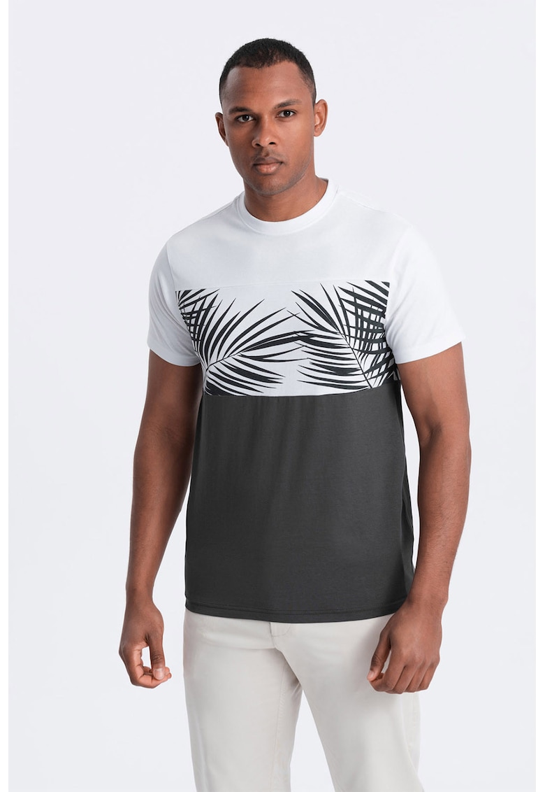 Tricou din bumbac cu imprimeu tropical - Alb/Gri inchis
