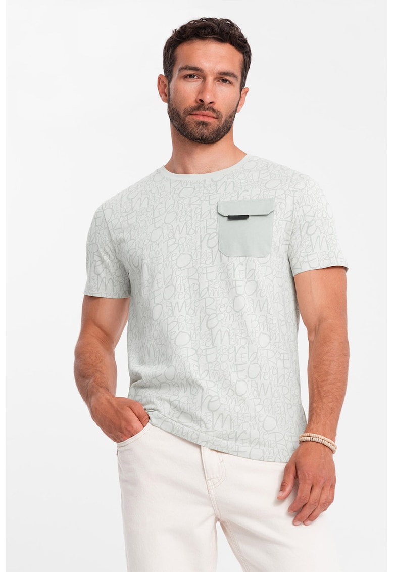 Tricou cu model si buzunar pe piept - Verde pal/Alb murdar