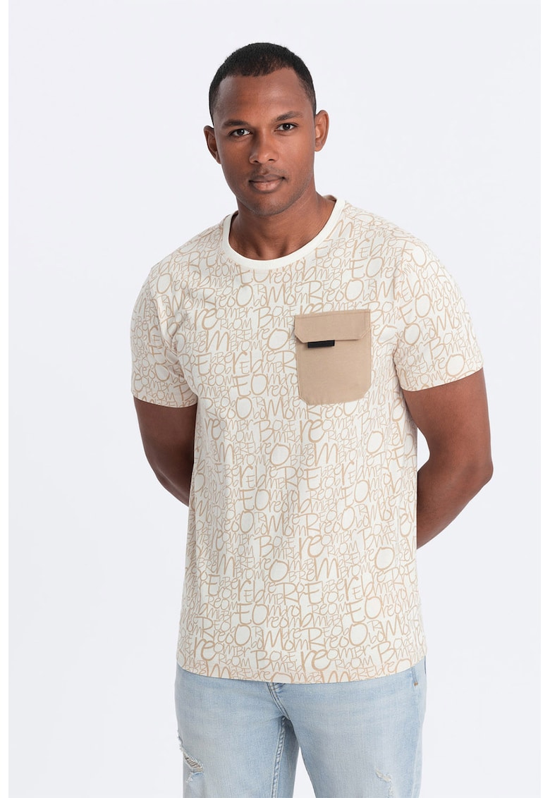 Tricou cu model si buzunar pe piept - Bej/Crem