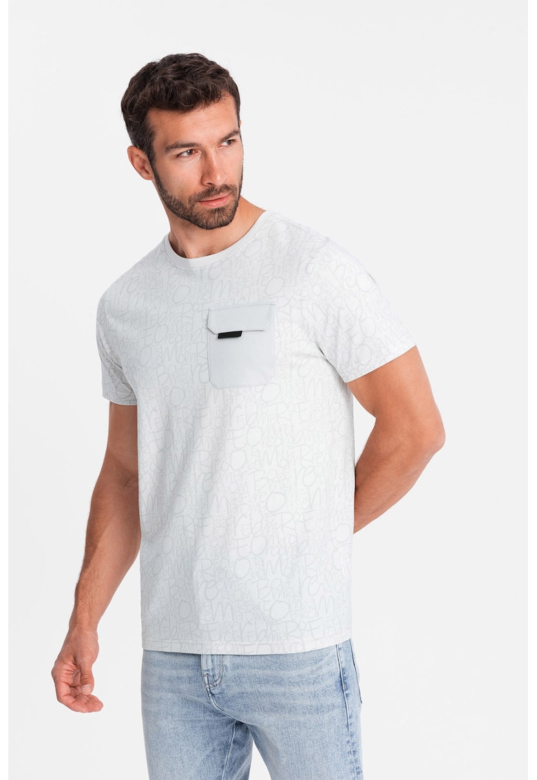 Tricou cu model si buzunar pe piept - Gri deschis/Alb murdar