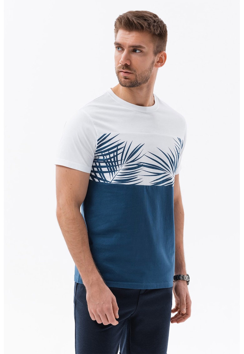 Tricou din bumbac cu imprimeu tropical - Alb/Albastru inchis
