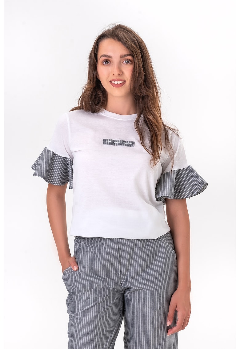 Tricou supradimensionat cu maneci cu volane - Alb/Gri
