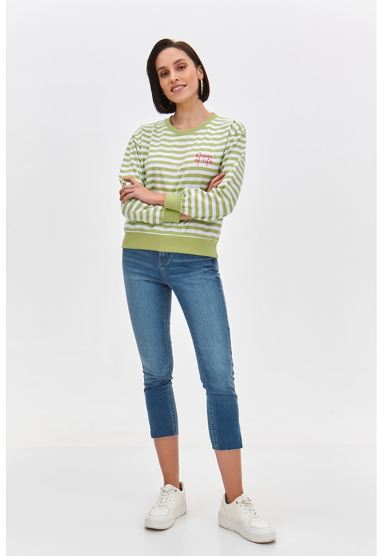 Bluza de trening cu model in dungi si broderie text - Alb/Verde fistic