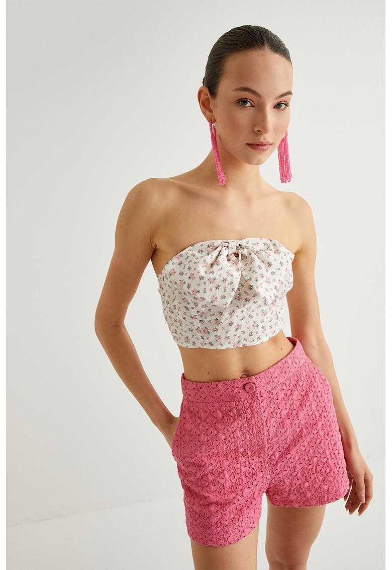 Top crop cu funda - Alb fildes/Verde inchis/Coral