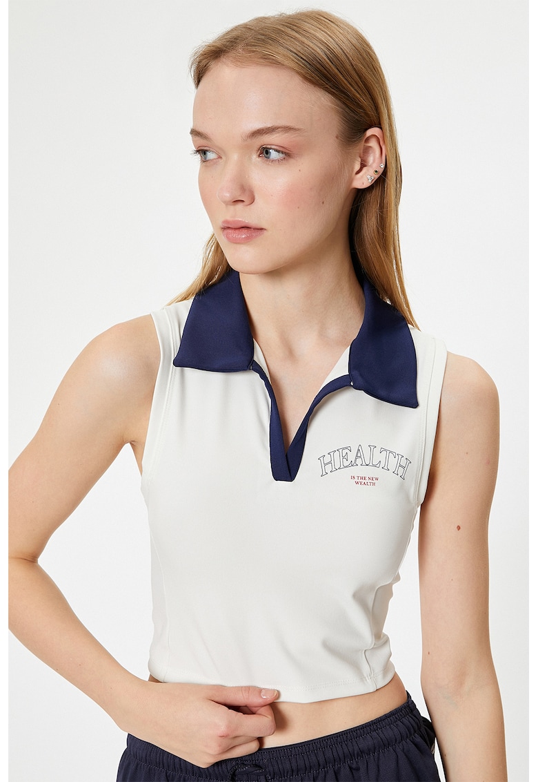 Top crop cu guler ascutit - Alb/Bleumarin