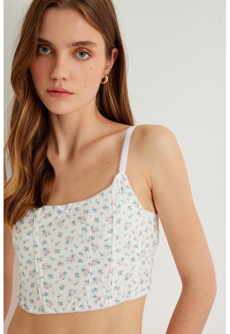 Top crop cu model floral - Roz pastel/Alb murdar/Verde persan