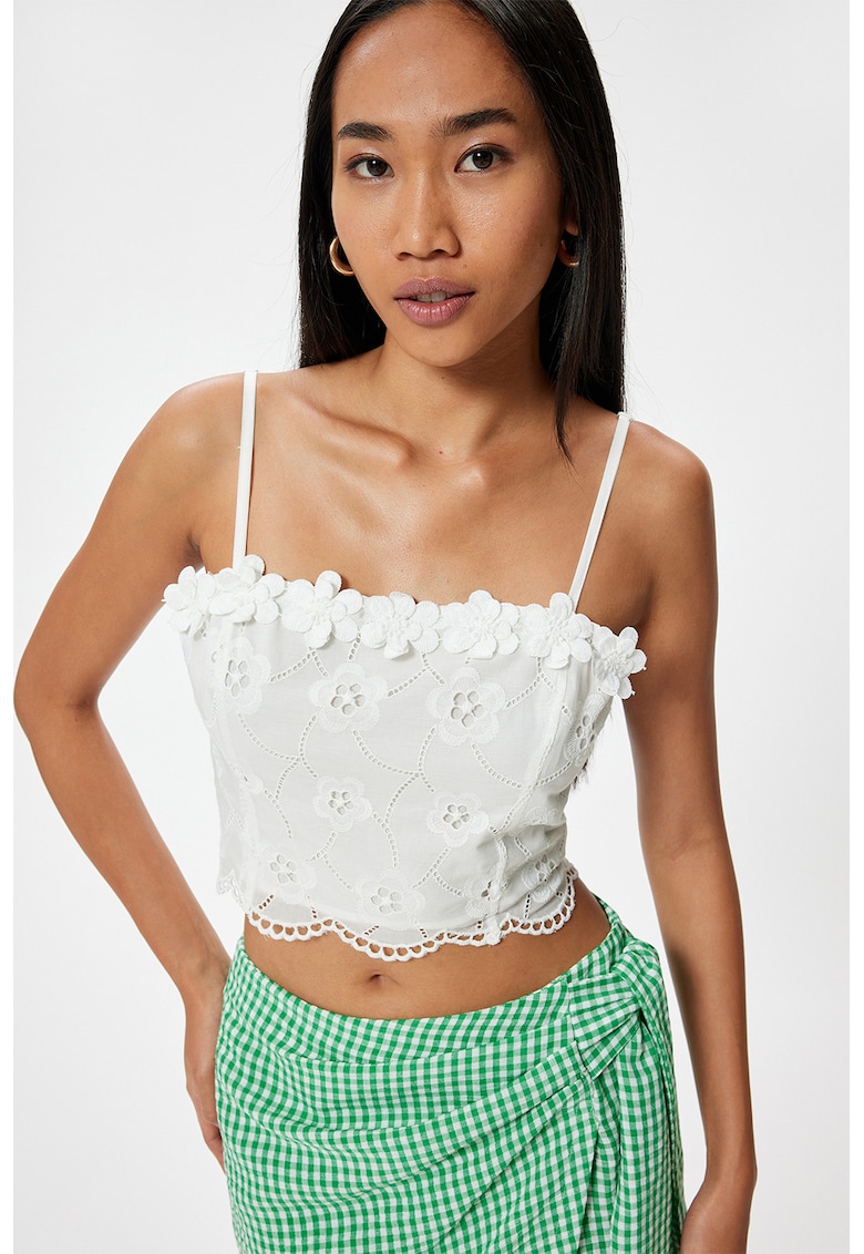 Top crop cu broderii - Alb optic