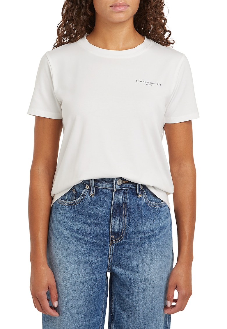 Tricou din amestec de bumbac organic cu decolteu la baza gatului - Alb fildes/Negru