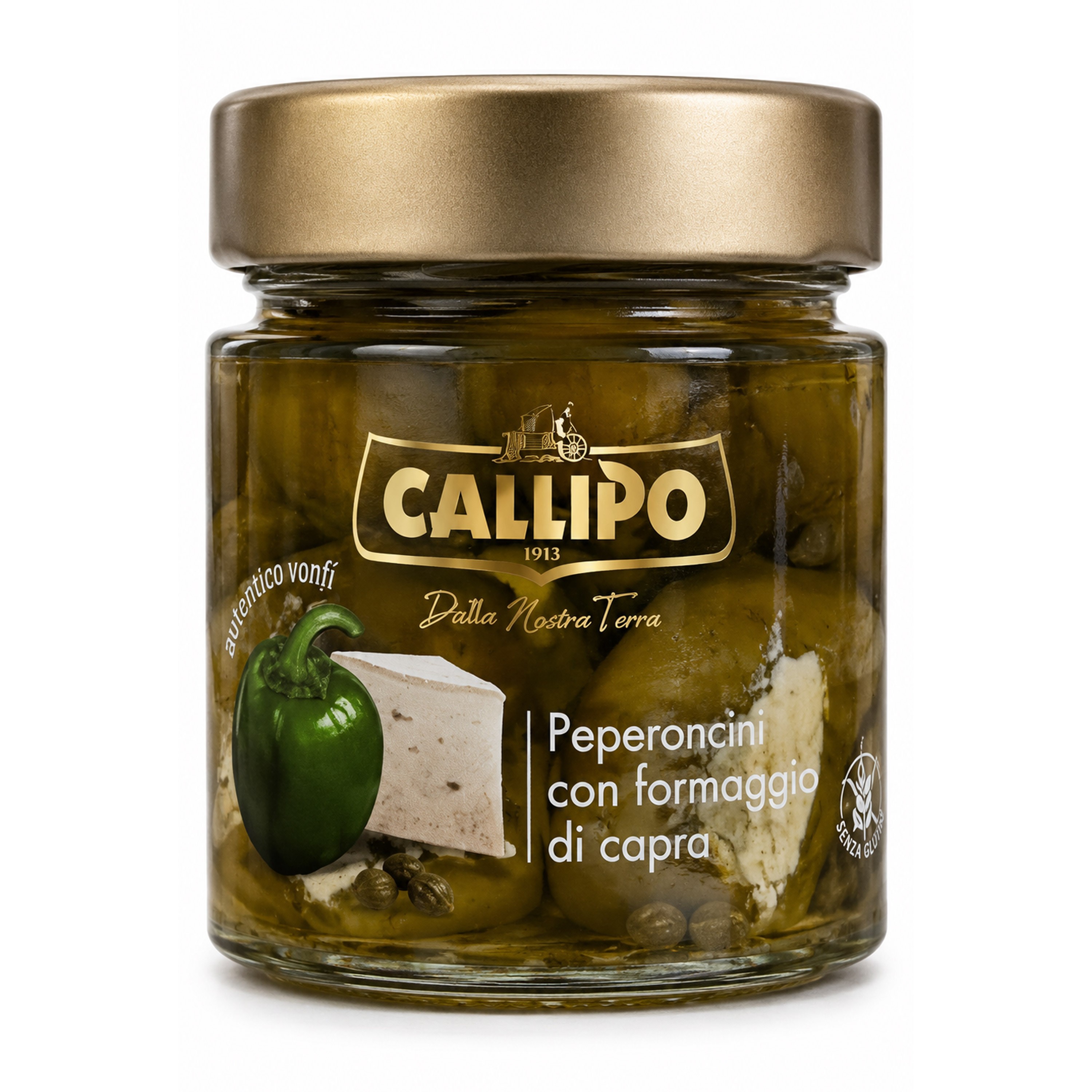 Ardei verzi peperoncini în ulei de măsline umpluți cu brânză de capră, 225g Callipo