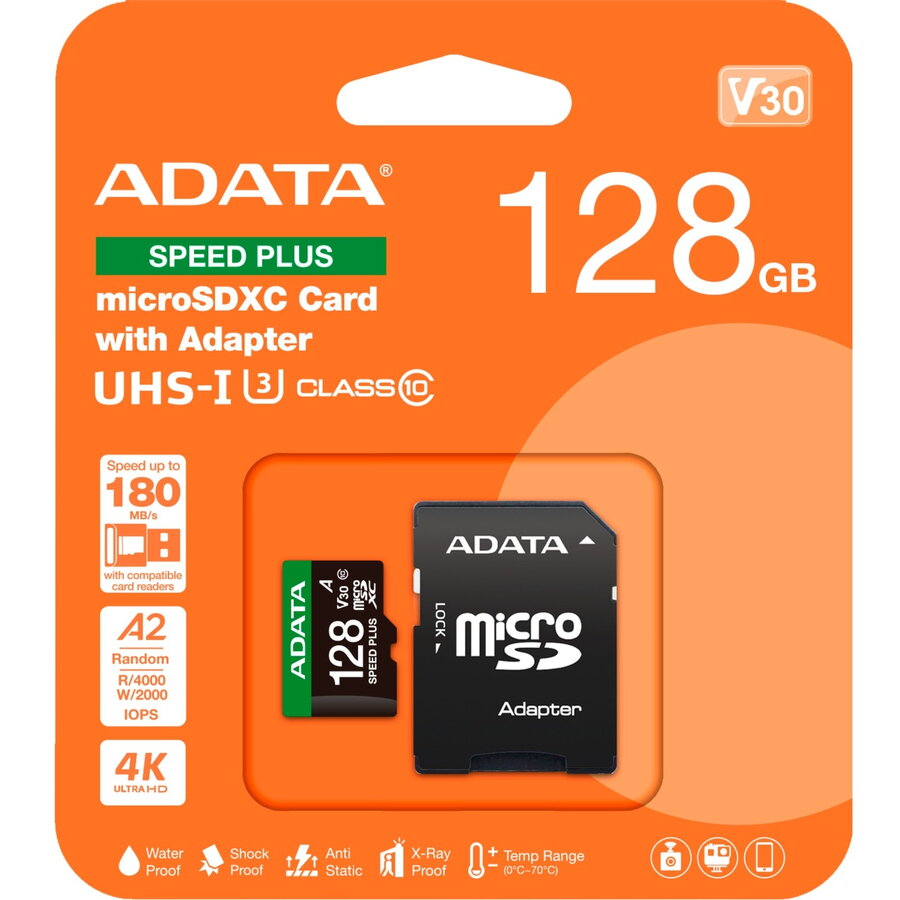 Card SPEED PLUS microSDXC 128 GB, memory card UHS-I U3, Class 10, V30, A2