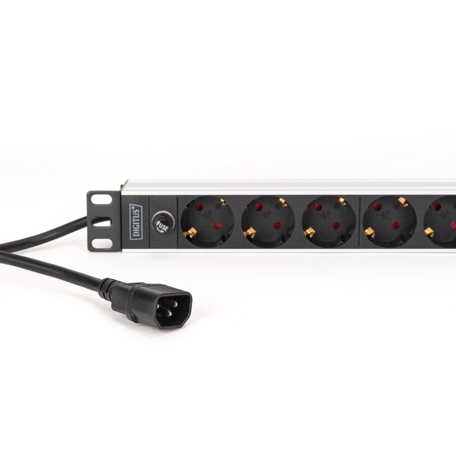 power strip 19 PDU with aluminum profile, 9-way (black/aluminium, 2 meter cable, 1 HE, 10A, cold device plug C14)