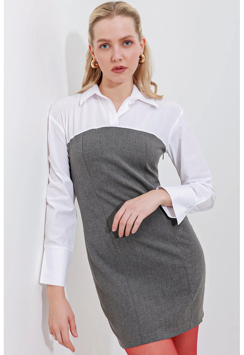 Rochie mini HiCCUP color block cu guler camasa si funda - gri - bumbac si poliester
