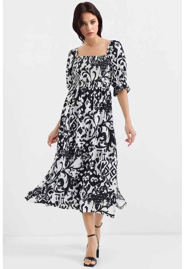 Rochie midi - HiCCUP - imprimeu - guler patrat - crapatura - negru - viscoza