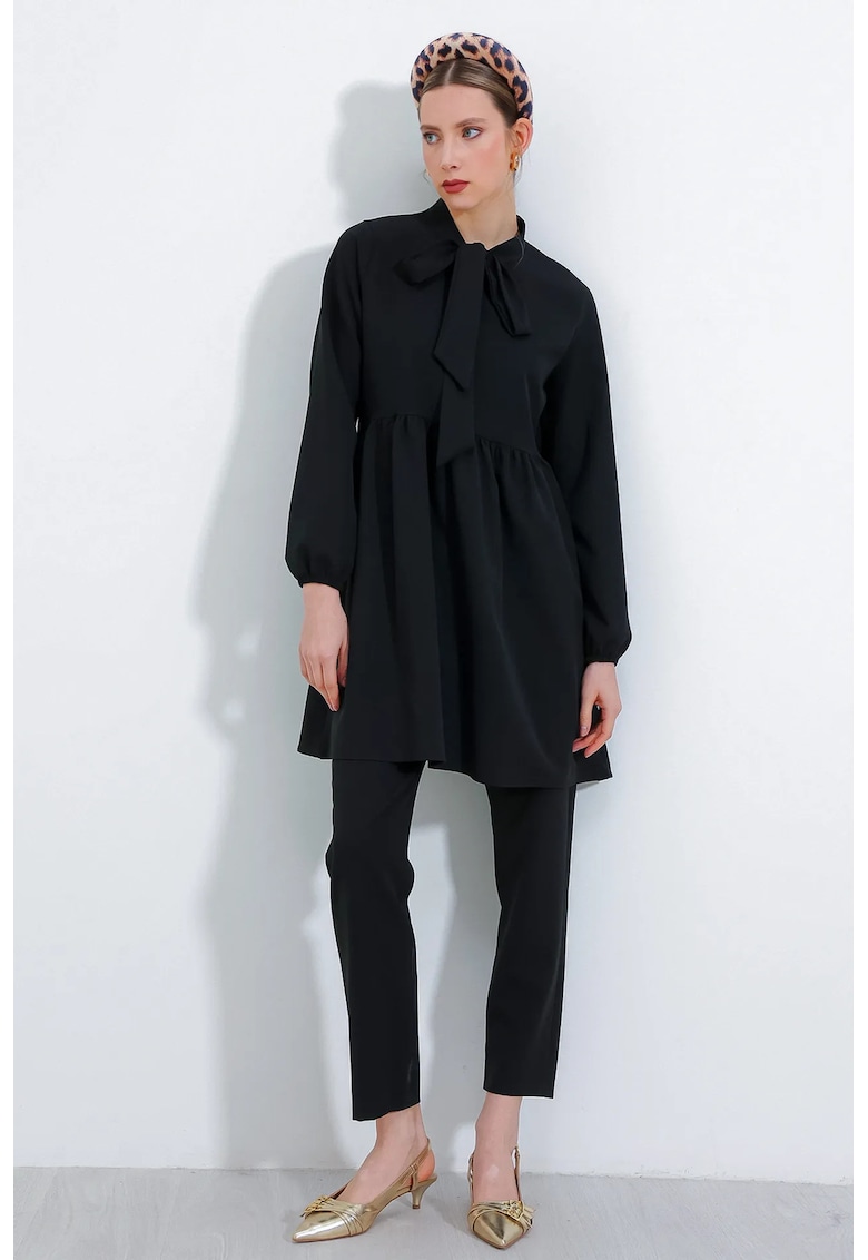 Set doua piese - HiCCUP - tunica lunga si pantaloni - guler clasic - negru - poliester