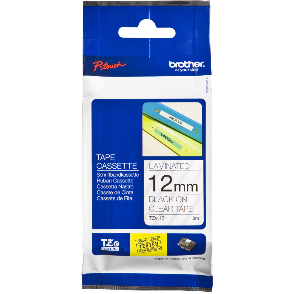 TZE131 banda laminata 12mm, negru / transparent, 8 metri